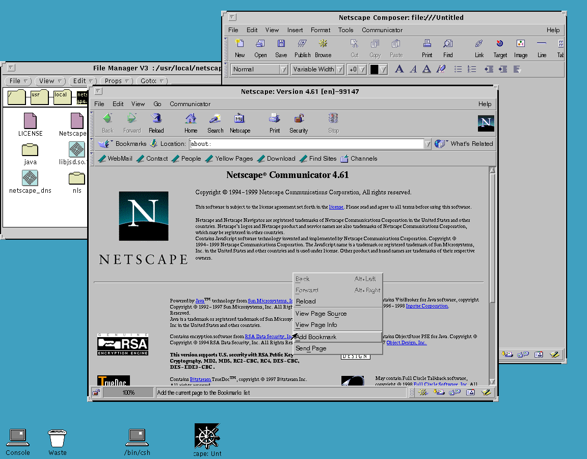Netscape Communicator 4.61 for SunOS About Screen (1999)